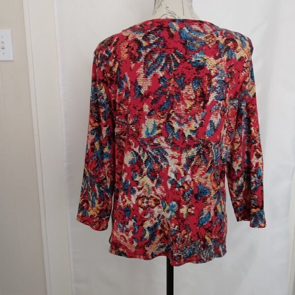 Rafaella |  Black Leather Red Multi Print Top | Size L - Picture 5 of 8